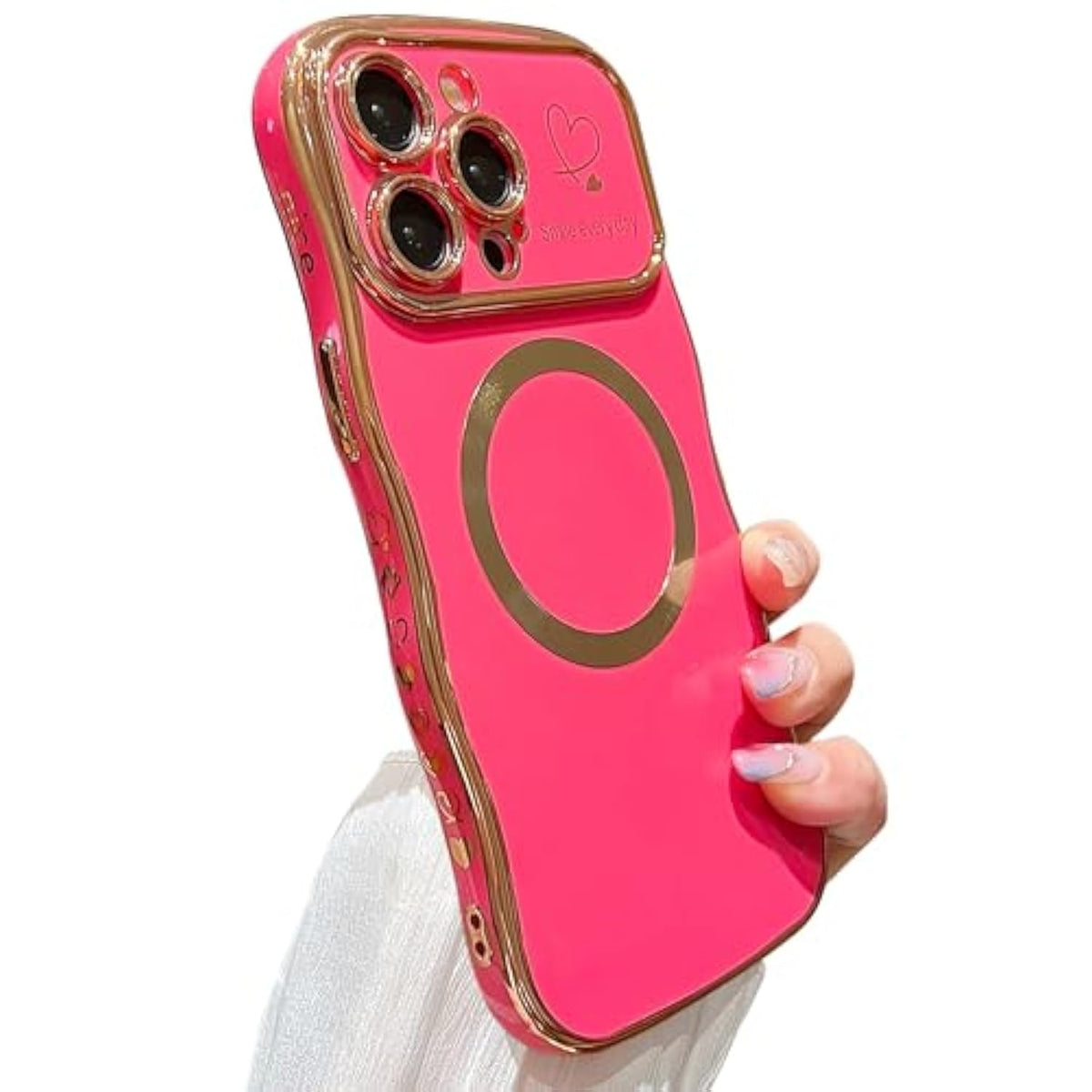 For Iphone 15 Pro Max Case Magnetic,For Women Girls Soft Cute Wave Frame Curly Shape Love Heart Luxury Plating Phone Case Compatible With Magsafe Shockproof Back Cover 6.7"-Hot Pink