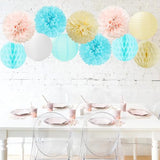 Light Blue Pink Beige Party Decorations 15pcs Gender Reveal Paper Flowers Lanterns Tissue Pom Poms Honeycomb Baby Shower Boy Or Girl Birthday He Or She Neutral Hanging Supplies