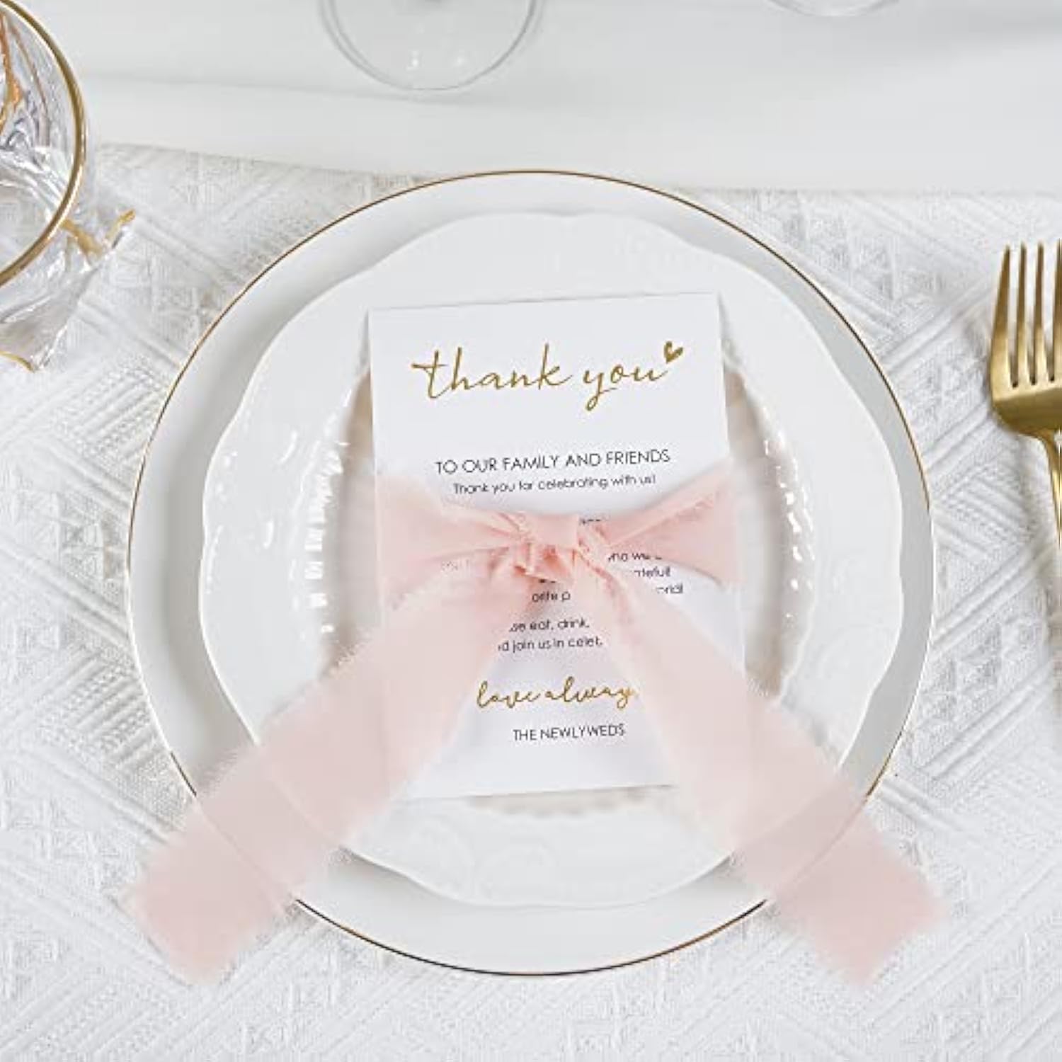 Wedding Thank You Place Setting Cards With Pink Chiffon Ribbon, For Weddings Favors, Receptions, Parties, Events And Celebrations-Pack Of 50, 4 X 6 Inch, Add To Your Table Centerpieces