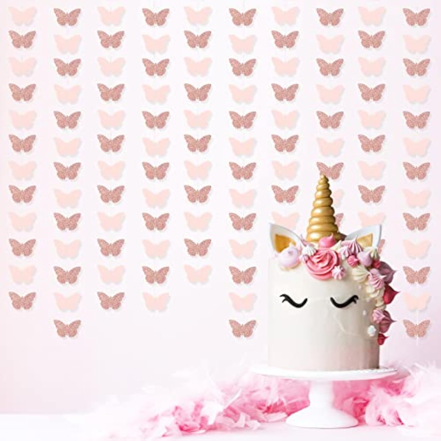 40 Feet Rose Gold Birthday Banner Streamers Butterfly Garland Paper Banner Hanging Party Supplies,Spring Hanging Butterfly Party Banner Mother Day Butterfly Hanging Decorations Wedding Baby Shower