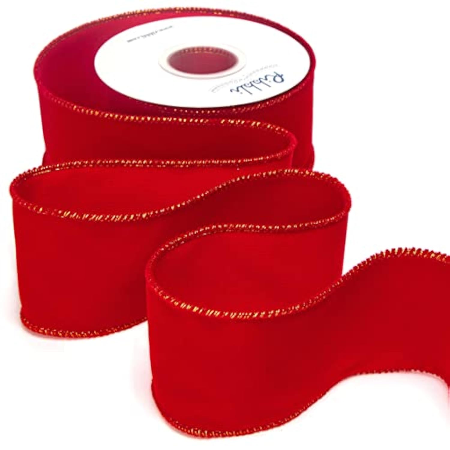 Red Velvet Wired Ribbon,Velvet Ribbon With Gold Metallic Edge, 2-1/2 I