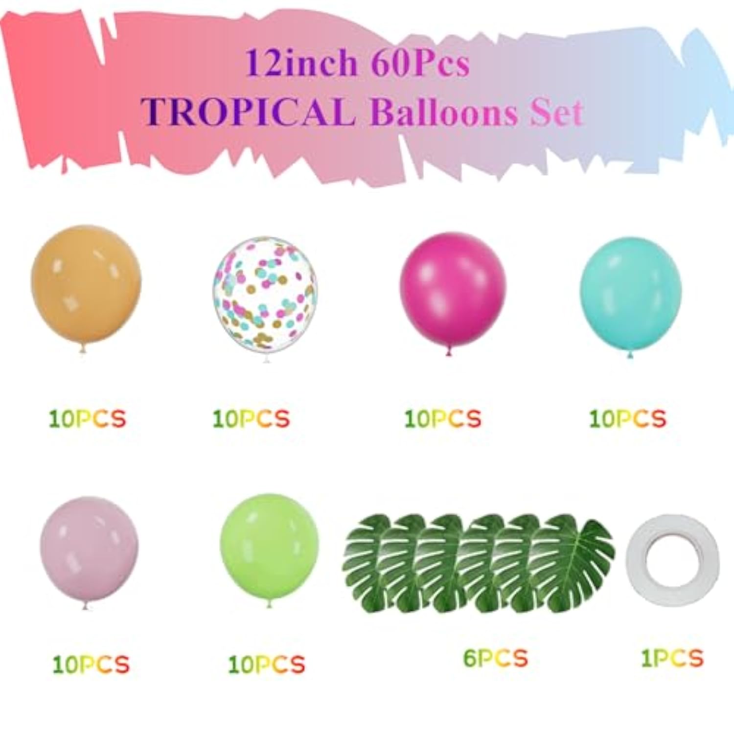 Tropical Balloons Set, 66 Pieces 12 Inches Hot Pink Balloon Green Blue Orange Confetti Ballons With Palm Leaves For Luau Summer Beach Party