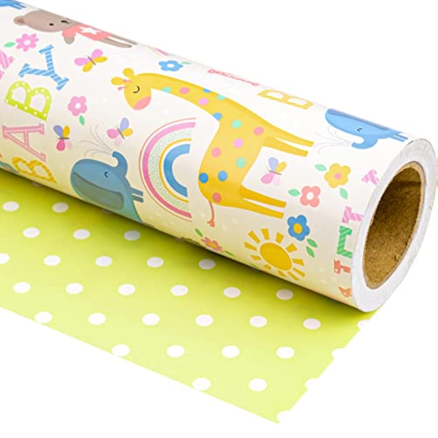 Reversible Baby Shower Wrapping Paper - Mini Roll - 17 Inch X 33 Feet - Animals & New Baby Design For Neutral Baby Shower, Boys Girls Kids Birthday