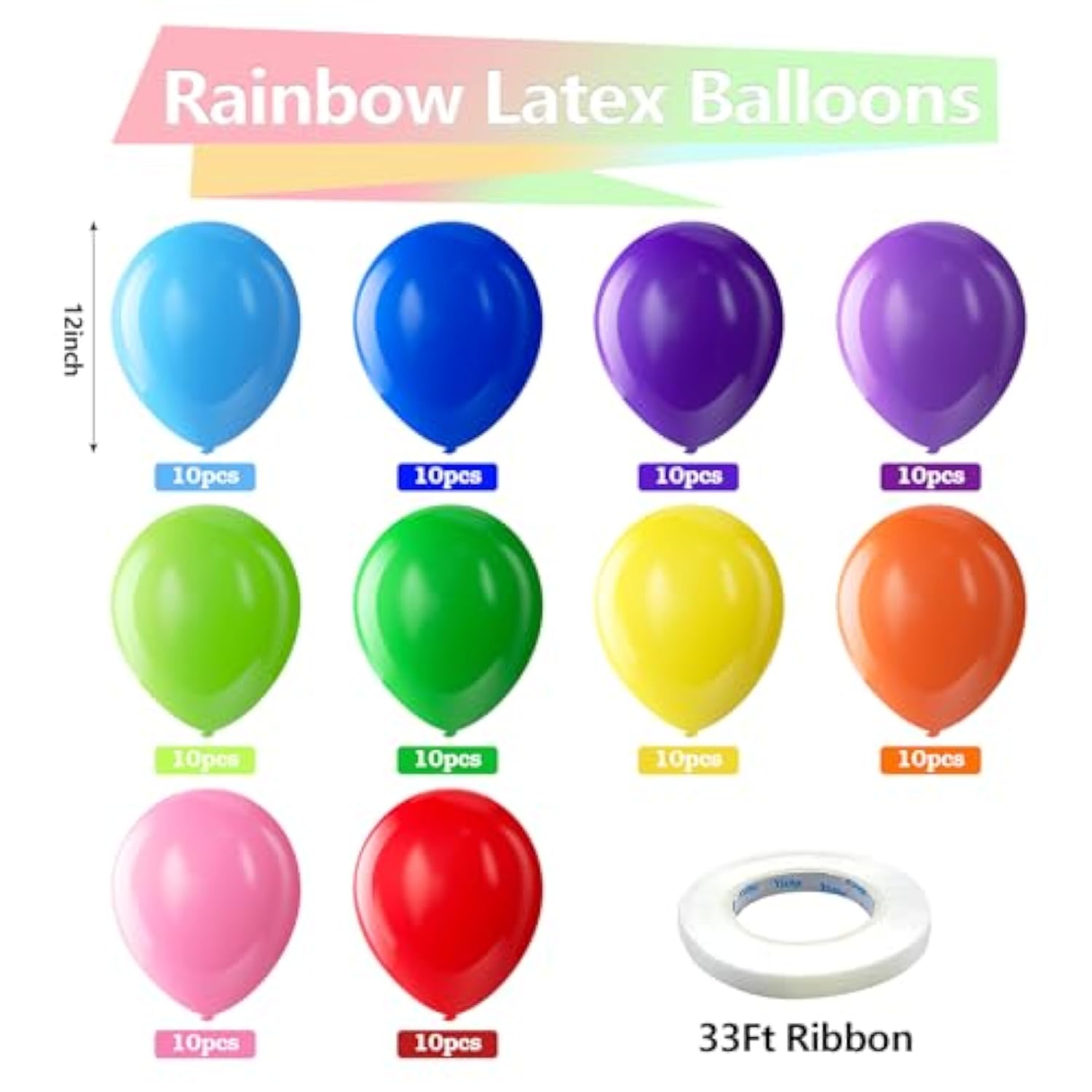 100-Pack 12" Bright Rainbow Balloons – Helium Latex for Parties, Birthdays & Events