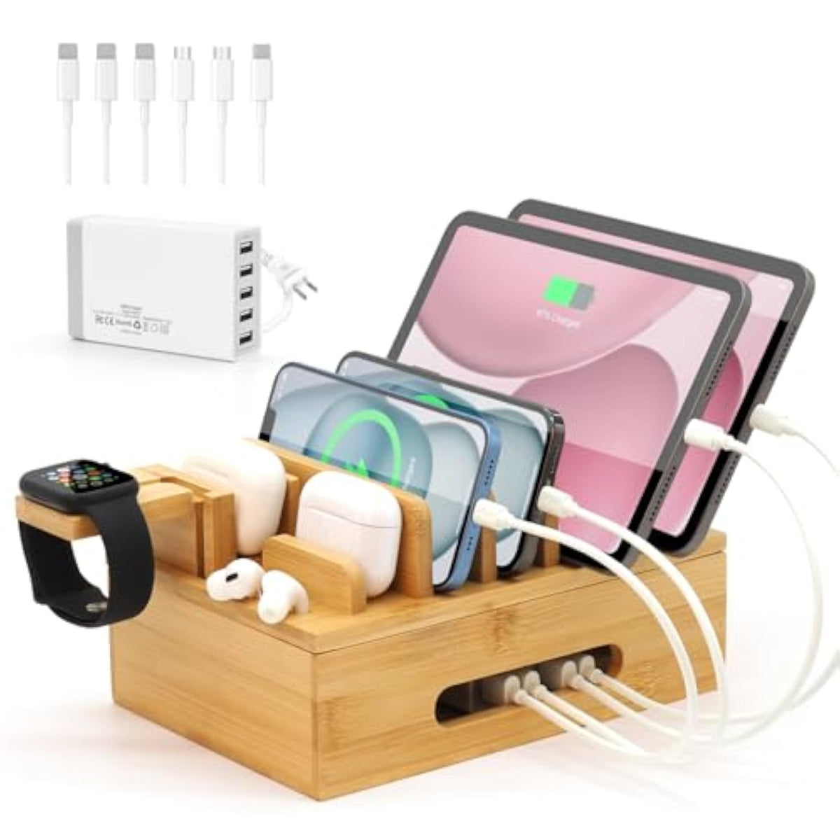 Bamboo Charging Station For Multiple Devices, Desk Wood Docking Station For Phones, Tablets, Watch, Earbuds, Charger Organizer Included 6 Cables & 5-Port Usb Charger