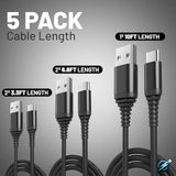 Usb C Cable [5 Pack 3.1A] Qc 3.0 60W Fast Charging Usb Type C To A (3/3/6/6/10