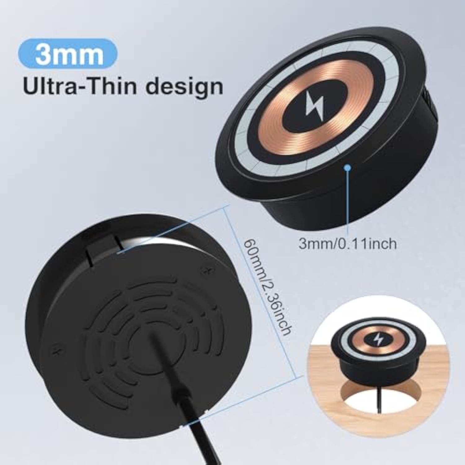 Desk Wireless Charger With Adapter, 15W Fast Embedded Charging Station For Iphone Iphone 16 Pro/Max/Plus/15/14/13/12, Furniture Mount Charging Pad For Samsung Galaxy S25 Ultra/Plus/S24/S23/S22/S21.