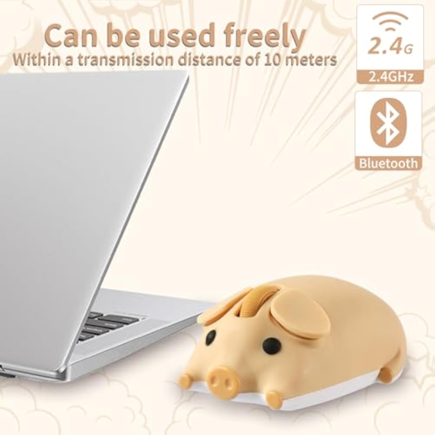 Bluetooth Mouse, 2.4G Mice Cute Cartoon Pig Dual Mode (Bluetooth Or 2.4 Ghz Receiver) Computer Mouse 1200Dpi Silent Clicks Mice For Laptop/Notebook/Ipad/Pc/Mac/Chromebook Office Home(Yellow)