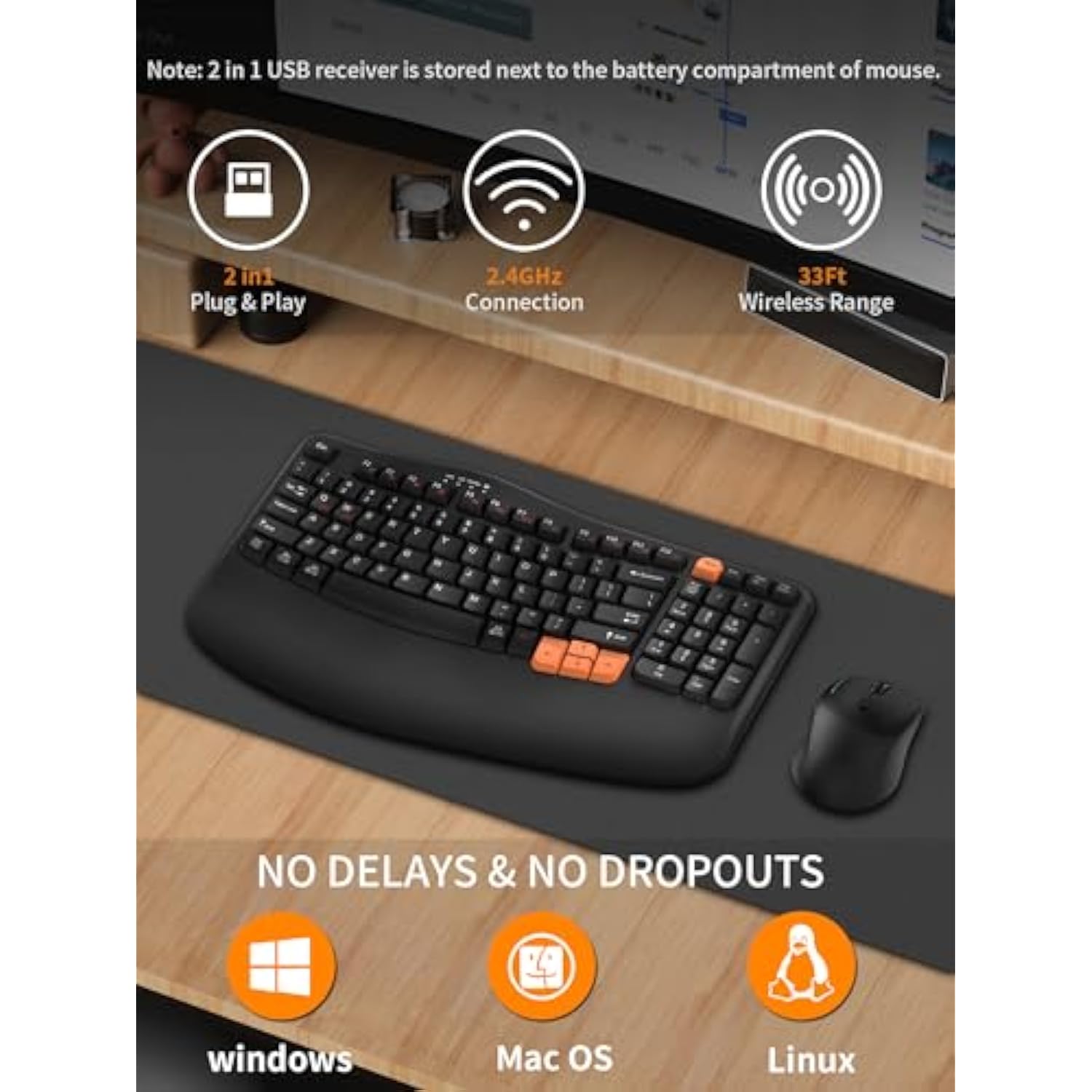 Wireless Keyboard And Mouse Combo, 2.4G Wave Keys Ergonomic Keyboard With Palm Rest And 3 Dpi Silent Mouse, Compact Size For Natural Typing, Spill-Resistant, For Windows/Pc/Laptop/Mac(Black)