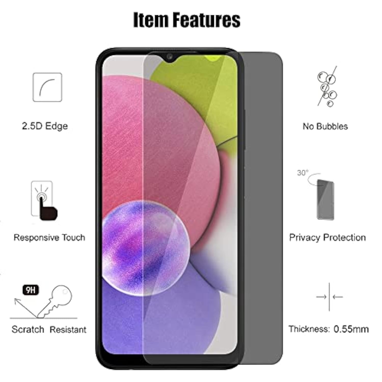 (3+3) Privacy Screen Protector For Samsung Galaxy A03S (3 Pack) Anti Spy Private Tempered Glass With Camera Lens Protector, Anti Scratch