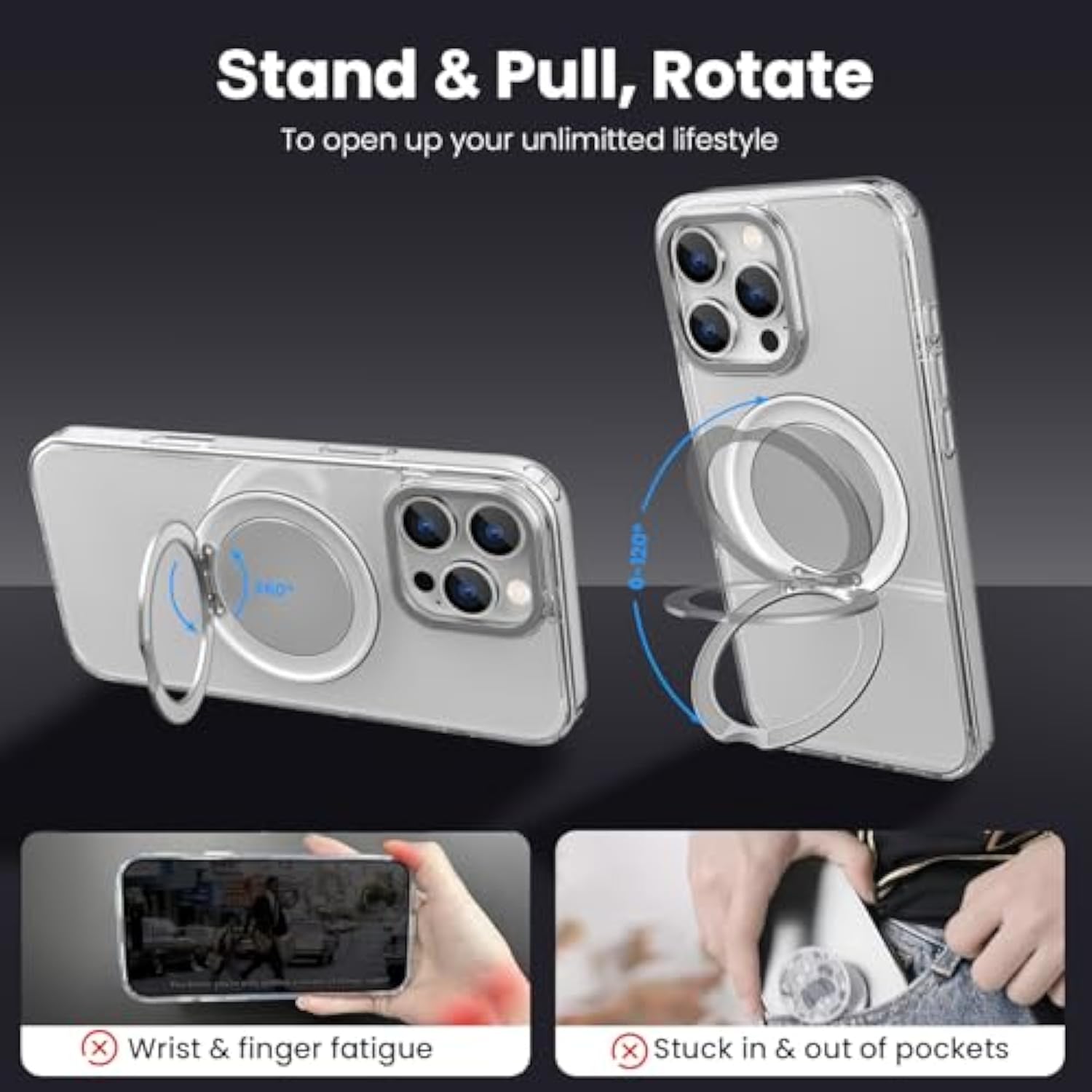 360° Ring Stand Magnetic For Iphone 16 Pro Max Case, [Anti-Fingerprint] [Military Drop Protection] [Compatible With Magsafe] Soft Edge Translucent Slim Back 16 Promax Phone Case (Clear)