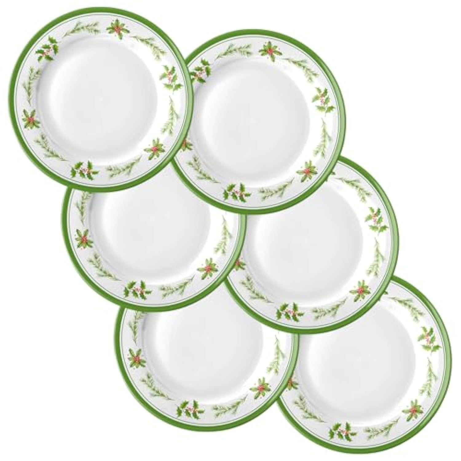 6 Pcs Christmas Dinner Plates Xmas Tree Melamine Dinnerware Green Plates Xmas Wreath Dishes Holiday Tableware For Dessert Salad Appetizer Birthday Party(Christmas Wreath,10 Inches)