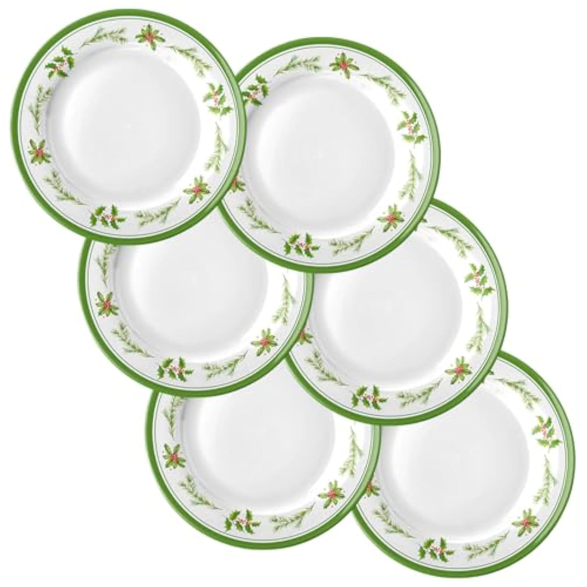 6 Pcs Christmas Dinner Plates Xmas Tree Melamine Dinnerware Green Plates Xmas Wreath Dishes Holiday Tableware For Dessert Salad Appetizer Birthday Party(Christmas Wreath,10 Inches)