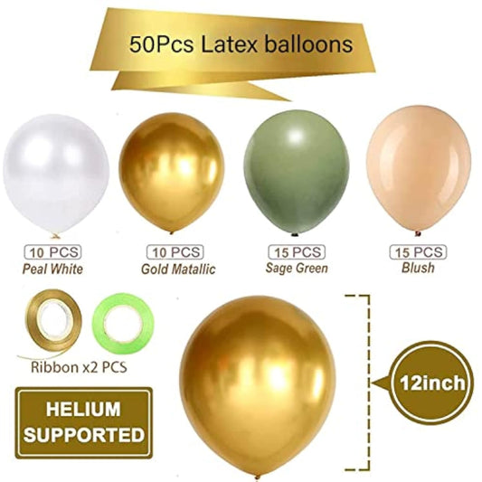 Sage Green Gold White Latex Balloons,50 Pcs 12 Inch Green And Blush Gold Party Balloons For Birthday Baby Shower Engagement Wedding Anniversary Party Decorations