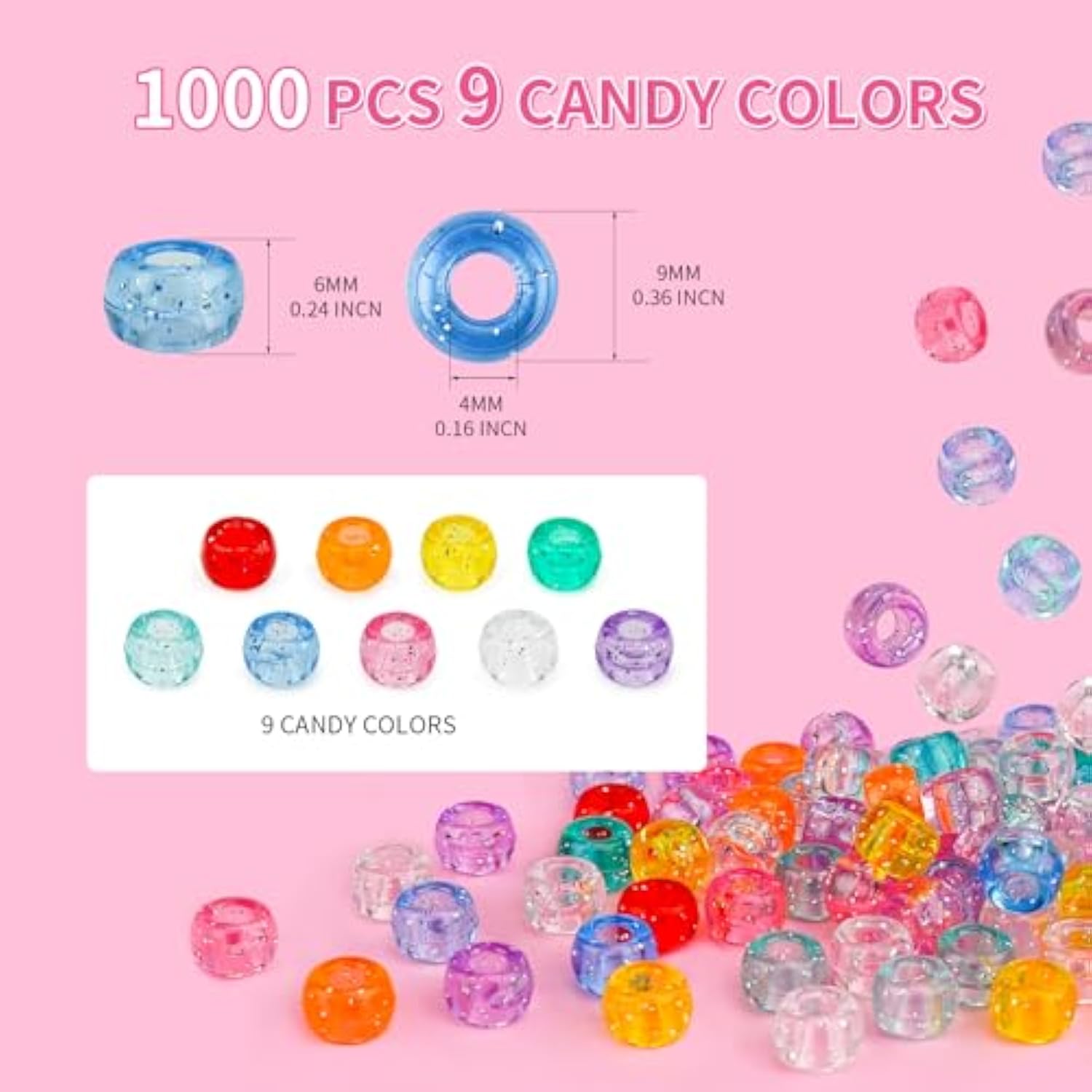 1000+pcs Glitter Pony Beads, 9mm Acrylic Beads for Bracelets & Crafts DIY