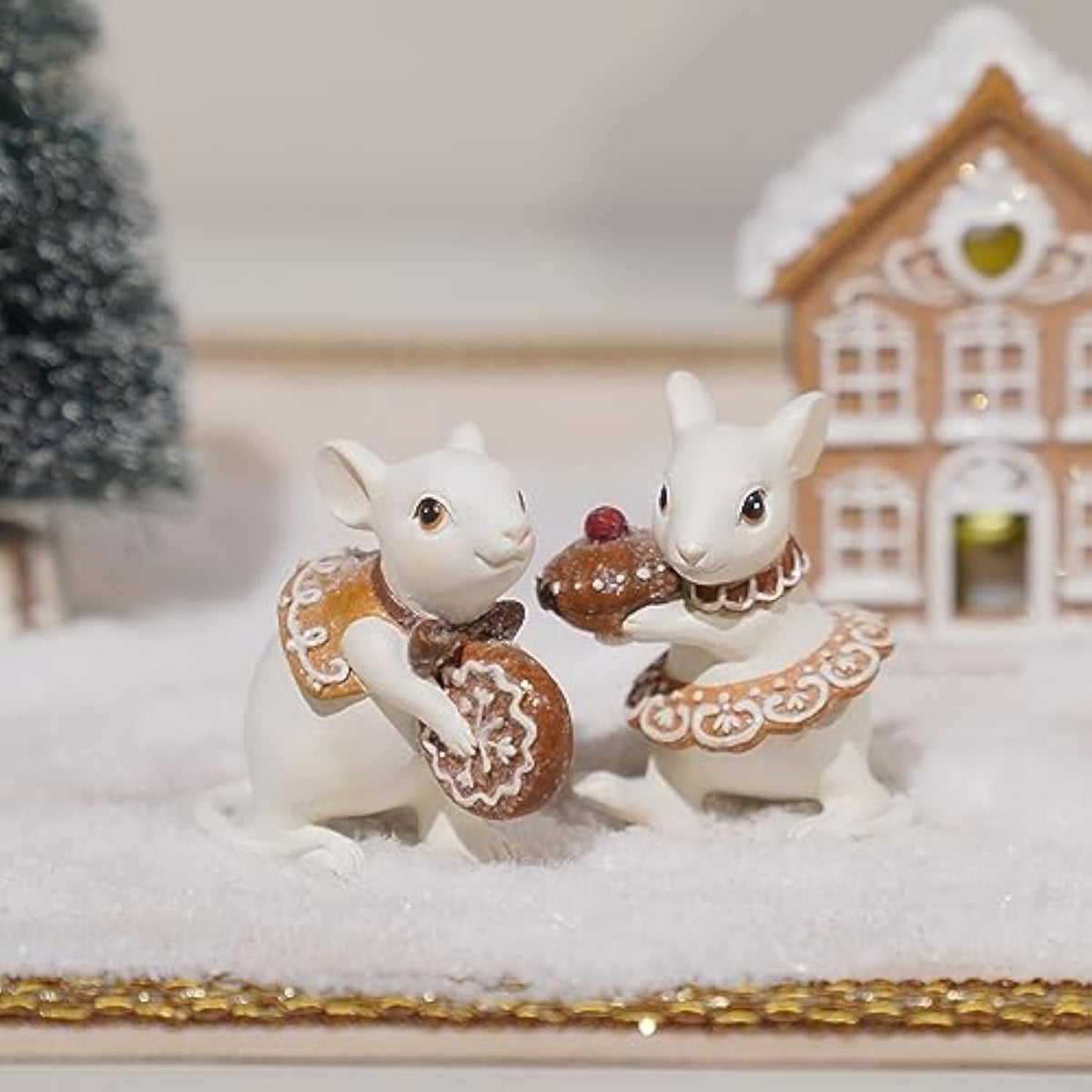 Gingerbread Decor Christmas Decorations Indoor - Set Of 2 Resin Christmas Mouse With Cake And Cookie Christmas Decorations Indoor Home Decor, Off White