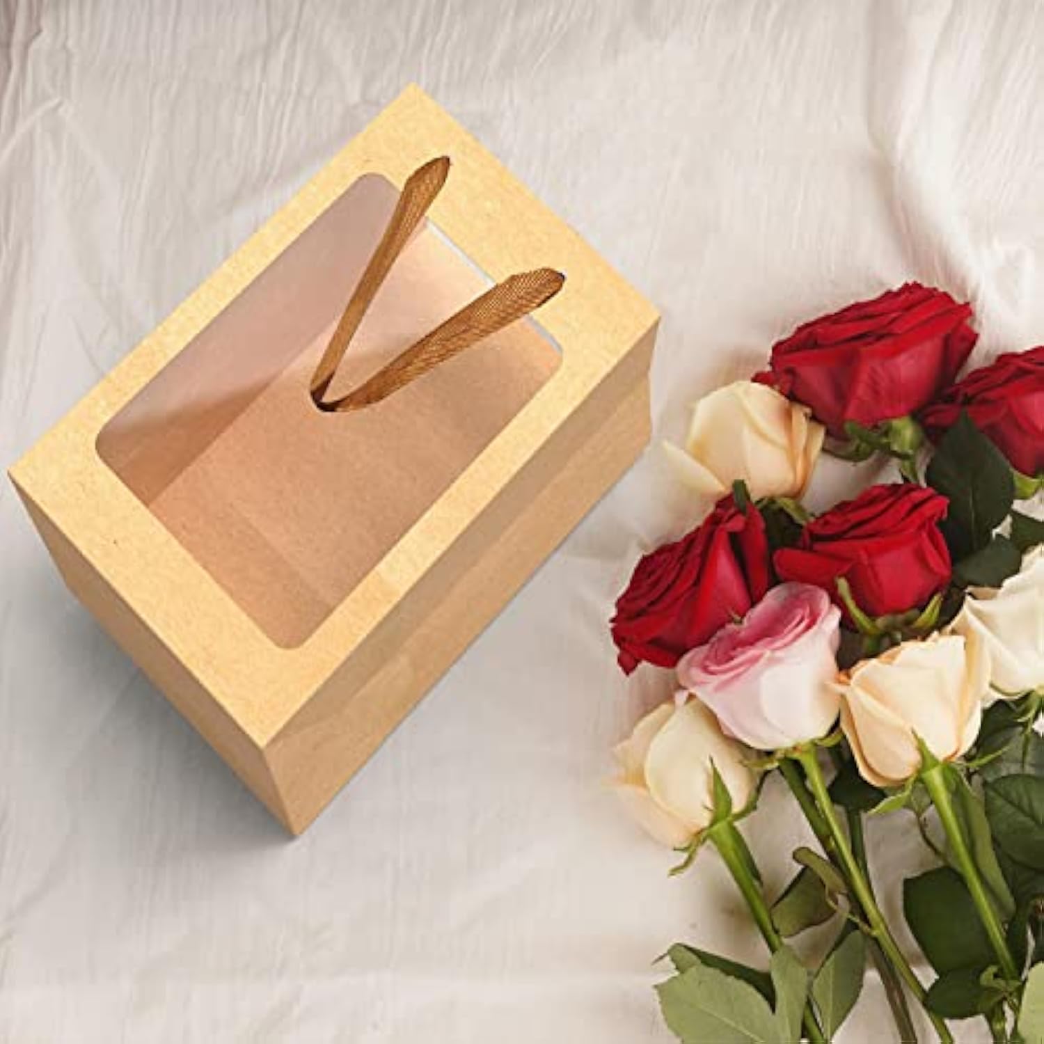 12 Pcs Brown Paper Gift Bags With Transparent Window, 9.84"X7.0"X5.12" Kraft Shopping Bags With Handles For Bouquet Christmas Birthdays Festivals Party Weddings Wrapping