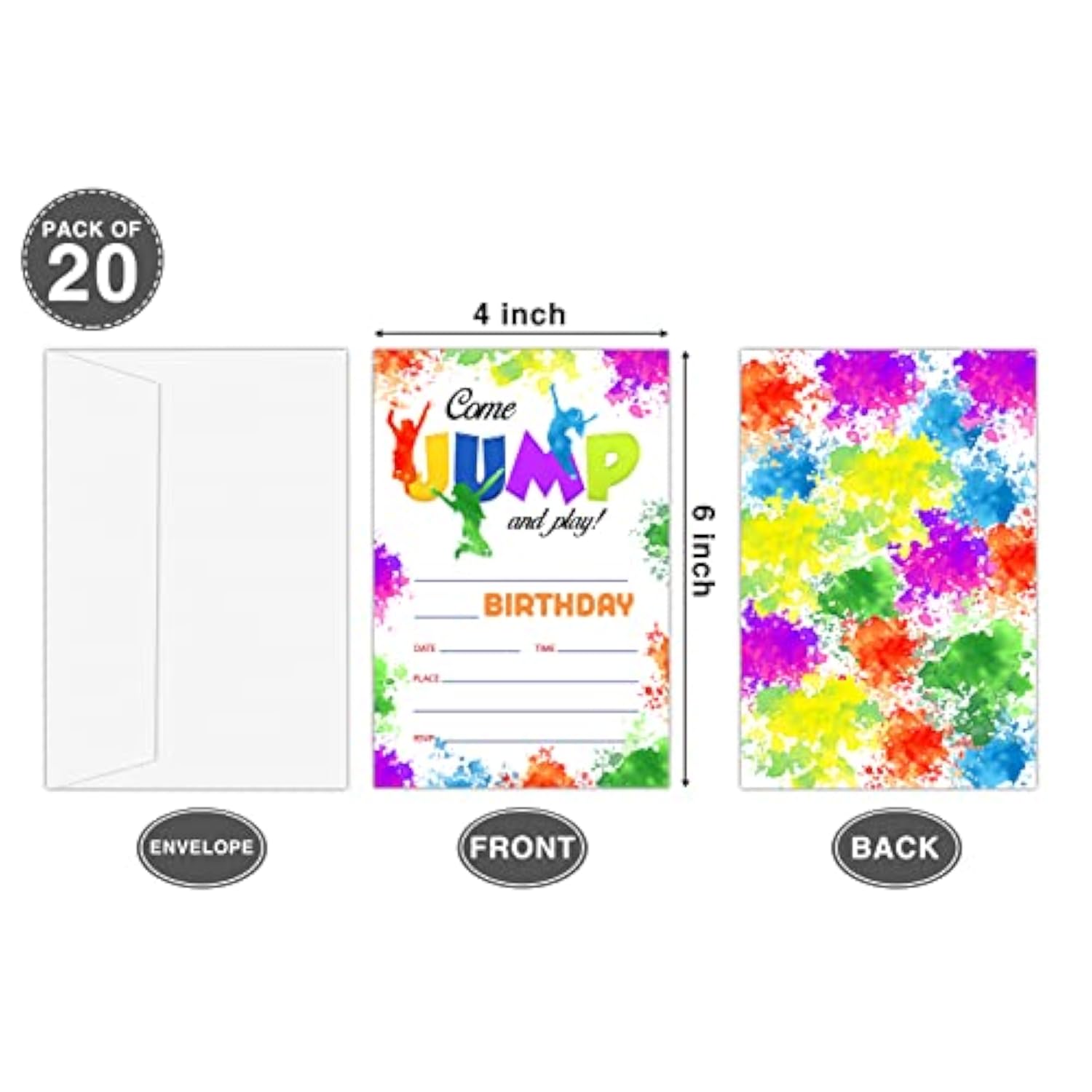 Trampoline Jump Birthday Invitations, Tie Dye Bounce House Theme Birthday Party Invitations For Boys Girls Kids, Birthday Party Invites, Decorations, Favors, 20 Invitations With Envelopes (Ha10)