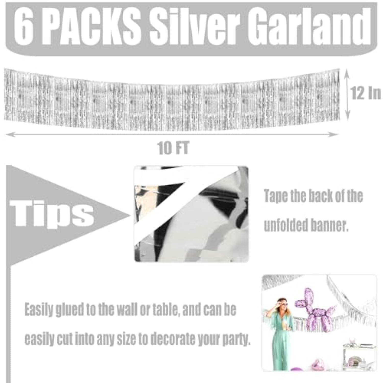 10 Pack 10 Feet Silver Foil Fringe Garland Metallic Tinsel Streamers Banner Wall Hanging Curtain Backdrop For Parade Floats, Bachelorette, Wedding, Birthday, Valentine'S Day Party Decorations