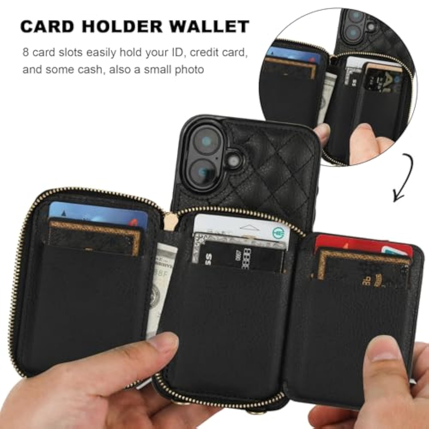 Crossbody Wallet Case For Iphone 16 Plus, Rfid Blocking Pu Leather Zipper Handbag Purse Flip Cover, Kickstand Folio Case With Card Slots Holder Wrist Strap Lanyard 5G 6.7 Inch (Black)