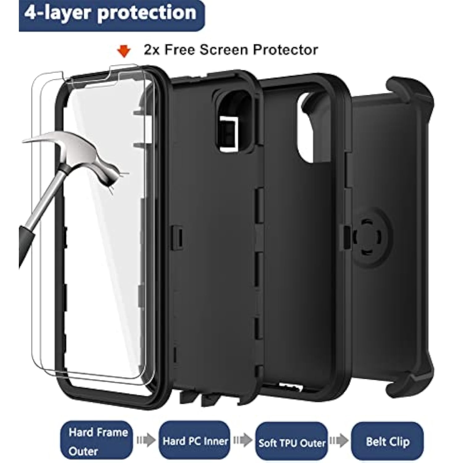 For Iphone 11 Case With Belt Clip Holster, 2 X Screen Protector, [Military Grade] Heavy Duty Full Body Shockproof Dust-Proof Drop Proof Rugged Protective Cover For Apple Iphone 11 (Black B)