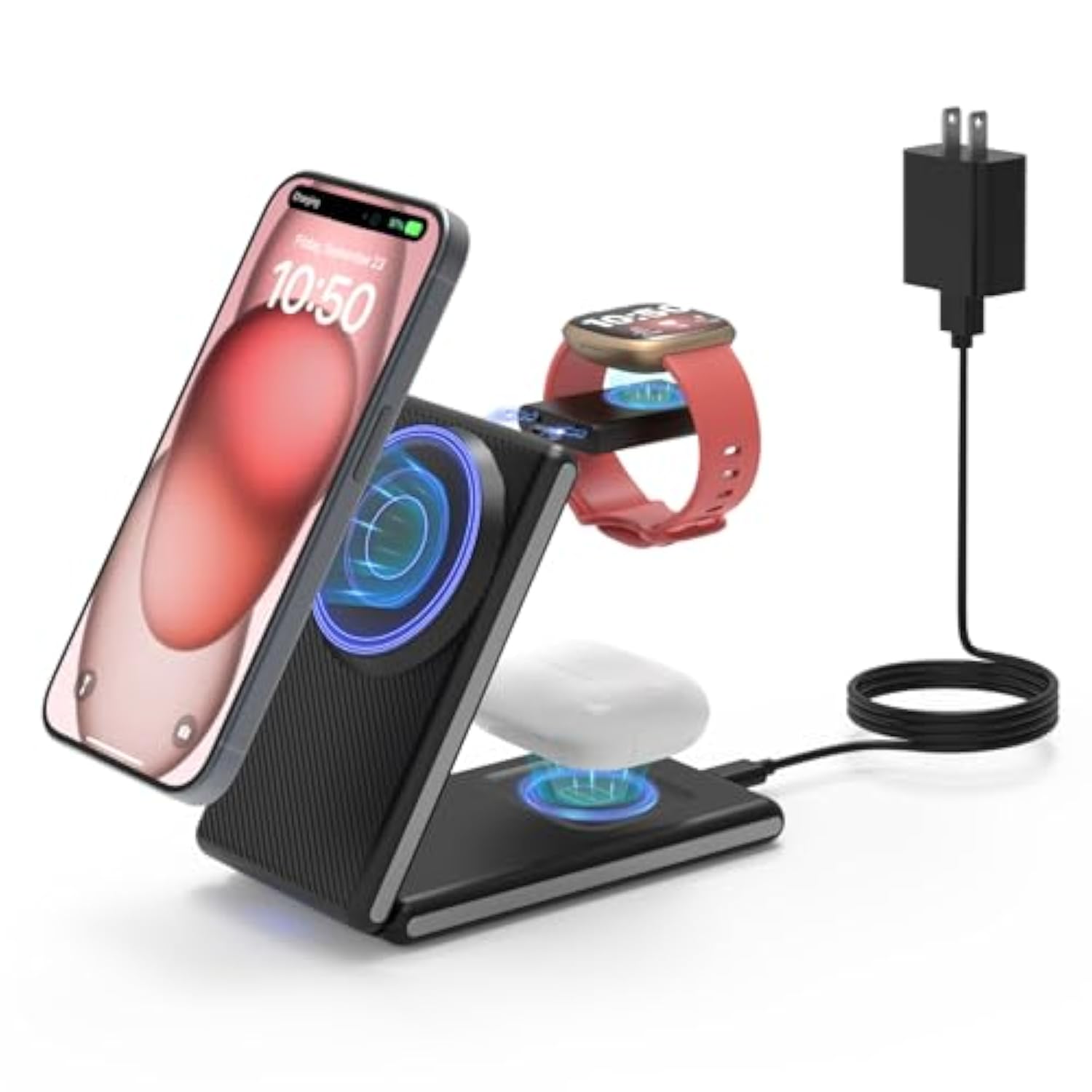 3 In 1 Magnetic Wireless Charging Station For Fitbit Watch, Foldable Wireless Charger Stand For Iphone 16/15/14/13/12 Pro Max, Fitbit Watch Versa 4/Versa 3/Sense 2/Sense, Airpods 3/2/Pro