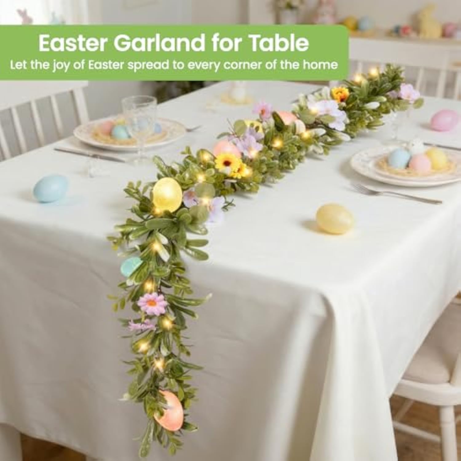 6 Ft Pre-Lit Easter Garland With 20 Led Lights & 8 Mode Timer, Lighted Pastel Easter Egg Garland For Mantle Decorations, Olive Spring Garland With Artificial Egg & Flower For Fireplace Table Holiday