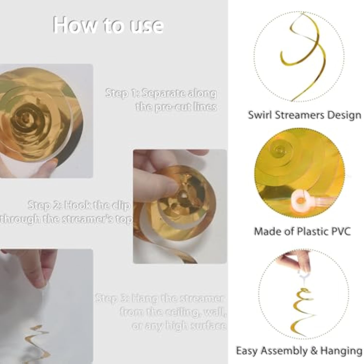 Ceiling Swirl Decorations Hanging Plastic Streamer Themed Swirl Party Decoration For Wedding Thanksgiving Day Graduation Birthday Party Decorations, Pack Of 30 (Gold)