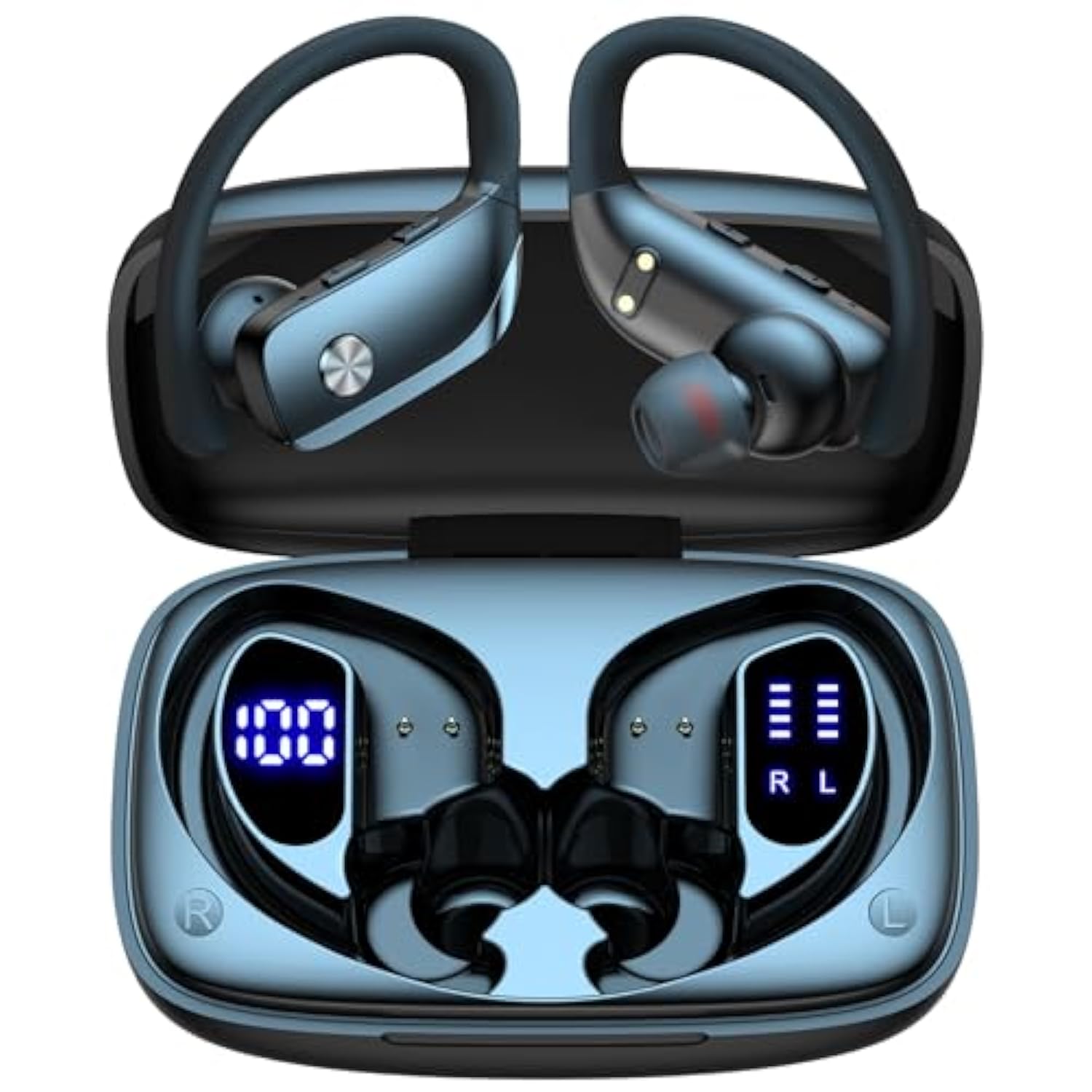 Wireless Earbuds with Earhooks, 48hrs Playback, LED Display, Mic, Black