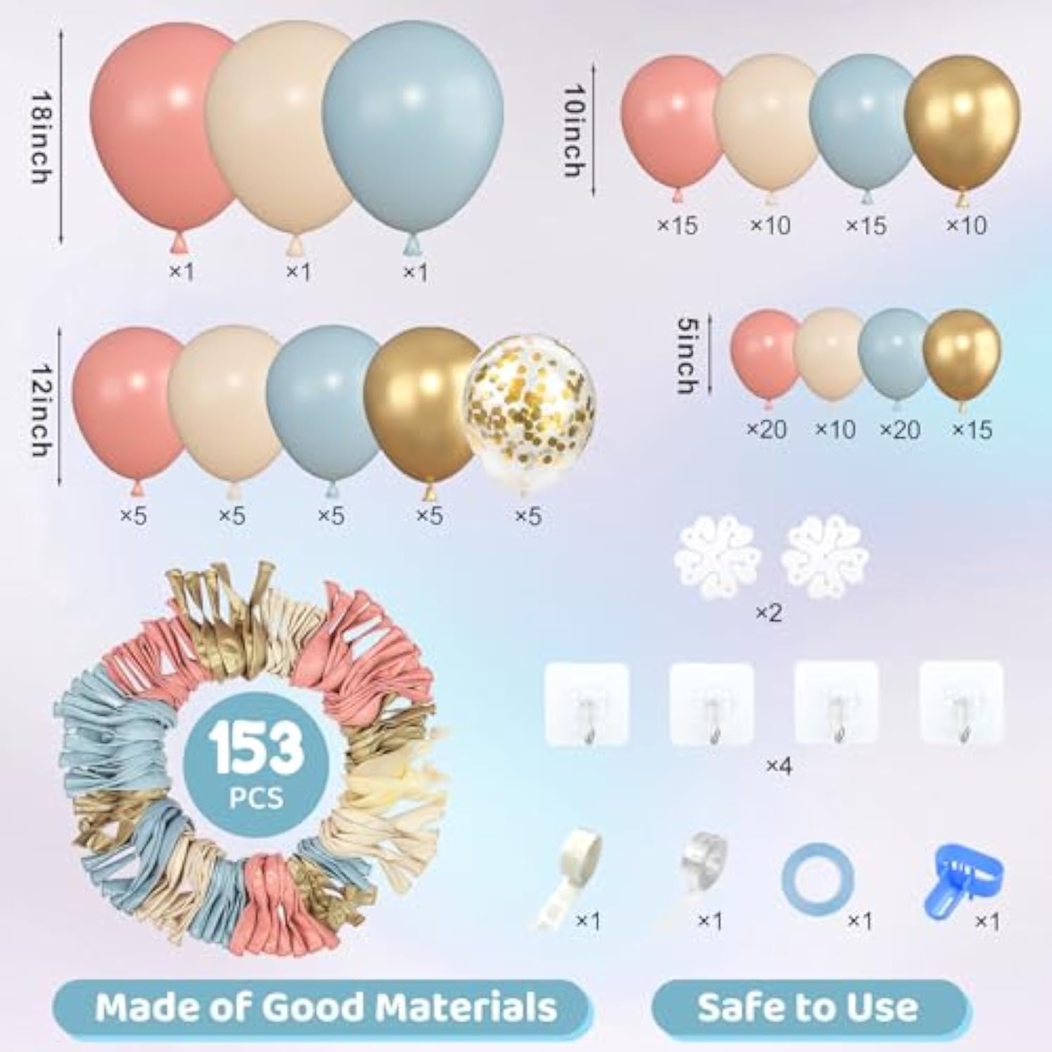 153pcs Pink & Blue Balloon Garland Kit with Confetti  Gold Balloons for Gender Reveal Decor