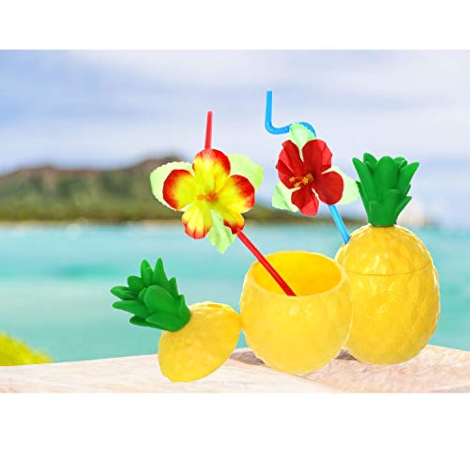 12-Pack Plastic Pineapple Cups With Lids And Hibiscus Straws, Hawaiian Party Cups Luau Aloha Party Favor (12)
