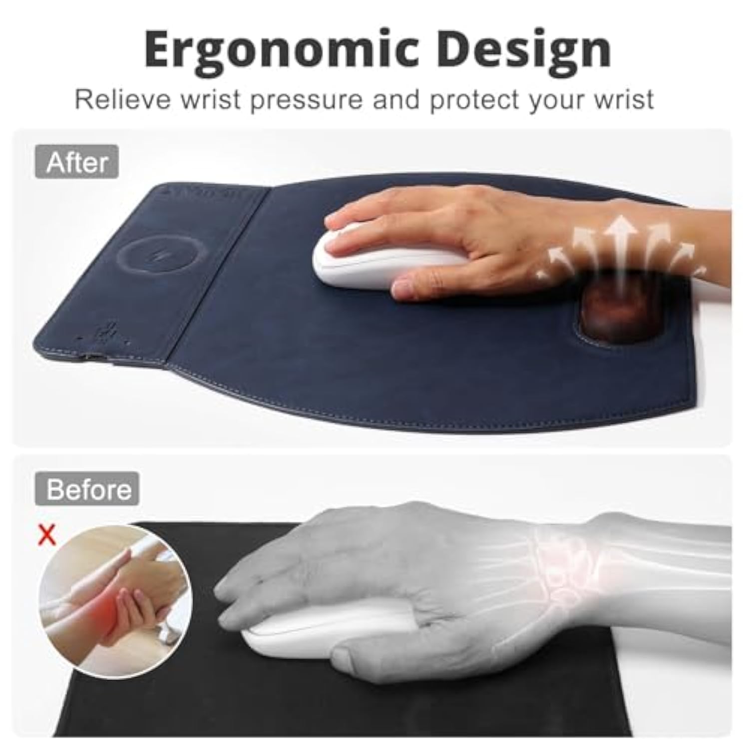 Magnetic Wireless Charging Mouse Pad With Ergonomic Design, Mousepad With Wrist Support, Foldable Mousepad With Wrist Rest And For Computer, Laptop, Office & Home, 14 X 12.1 In, Blue