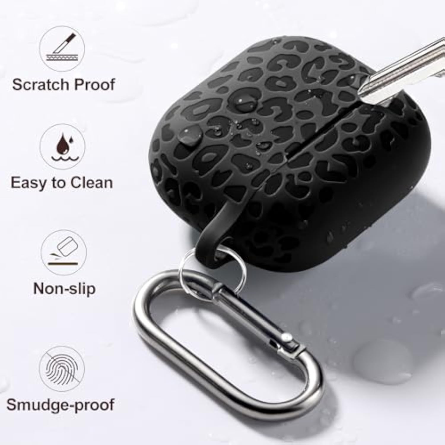 Leopard Engraved Soft Silicone Protective Case for Apple AirPods 4th Generation Case, Compatible with AirPods 4 Case, Cute AirPod 4 Case Accessories with Keychain, Black