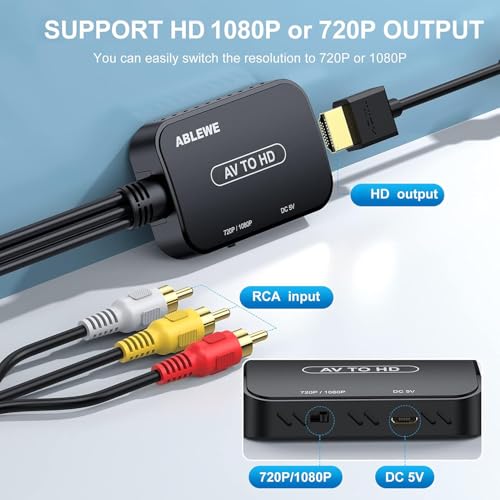 RCA to HDMI Converter, AV to HDMI Converter with RCA Cable & HDMI Cable Supports PAL/NTSC for Roku/VHS/VCR/Blue-Ray DVD Players