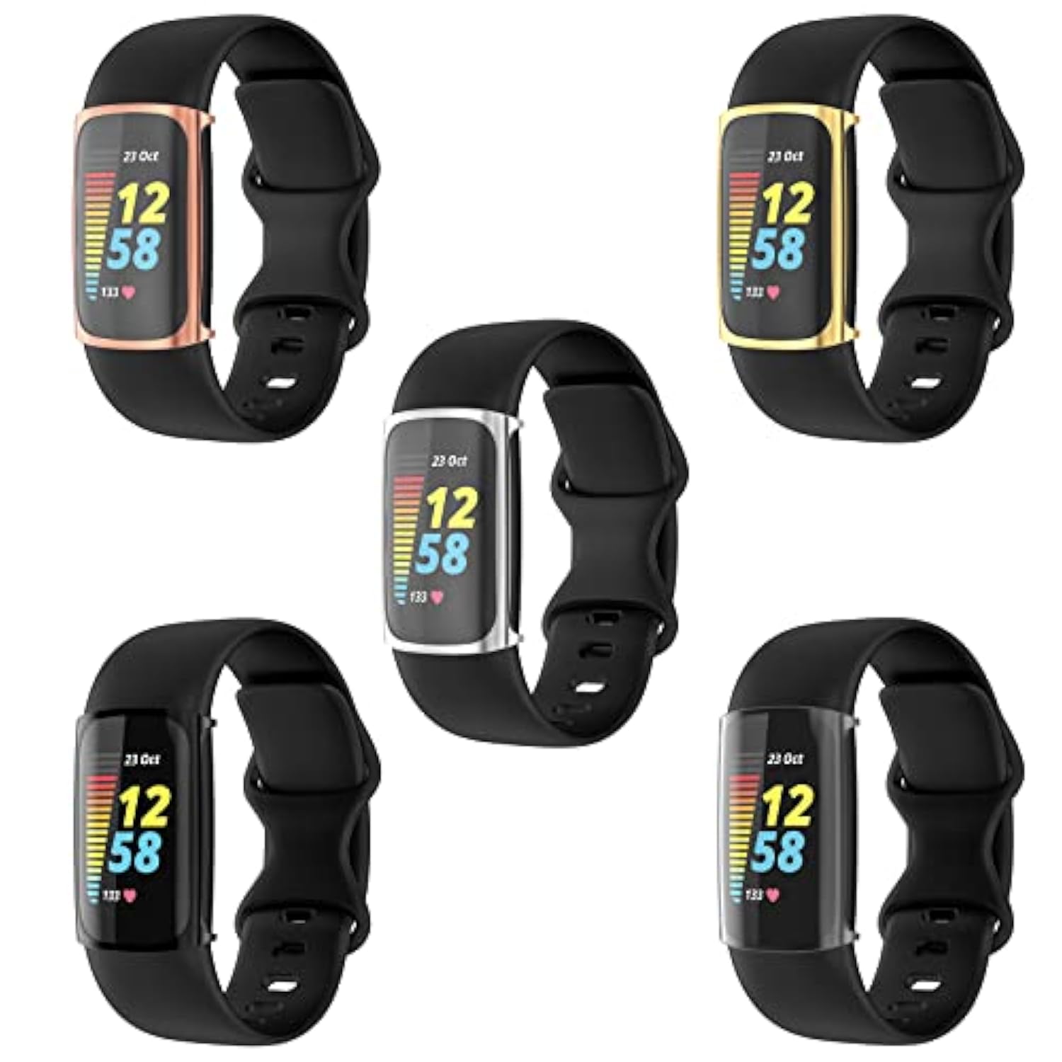 5Pack Soft Screen Protector Bumper Case Compatible With Fitbit Charge 6 Charge 5 Smartwatch, Full Protection, Rose Pink/Clear/Silver/Black/Rose Gold
