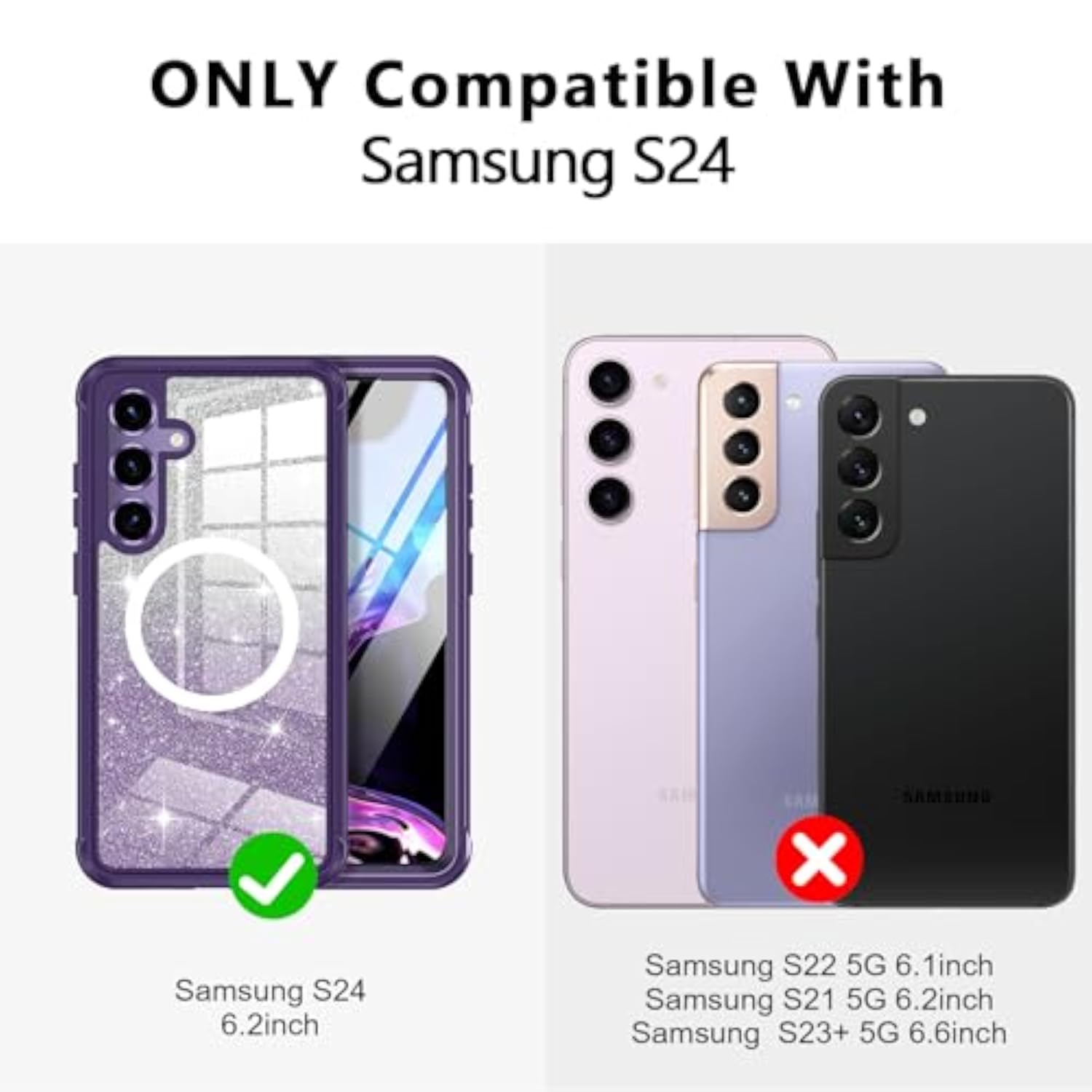 Samsung Galaxy S24 Case with Glitter, Compatible with MagSafe Built-in Tempered Glass Screen Protector & Camera Lens Protection, Amethyst