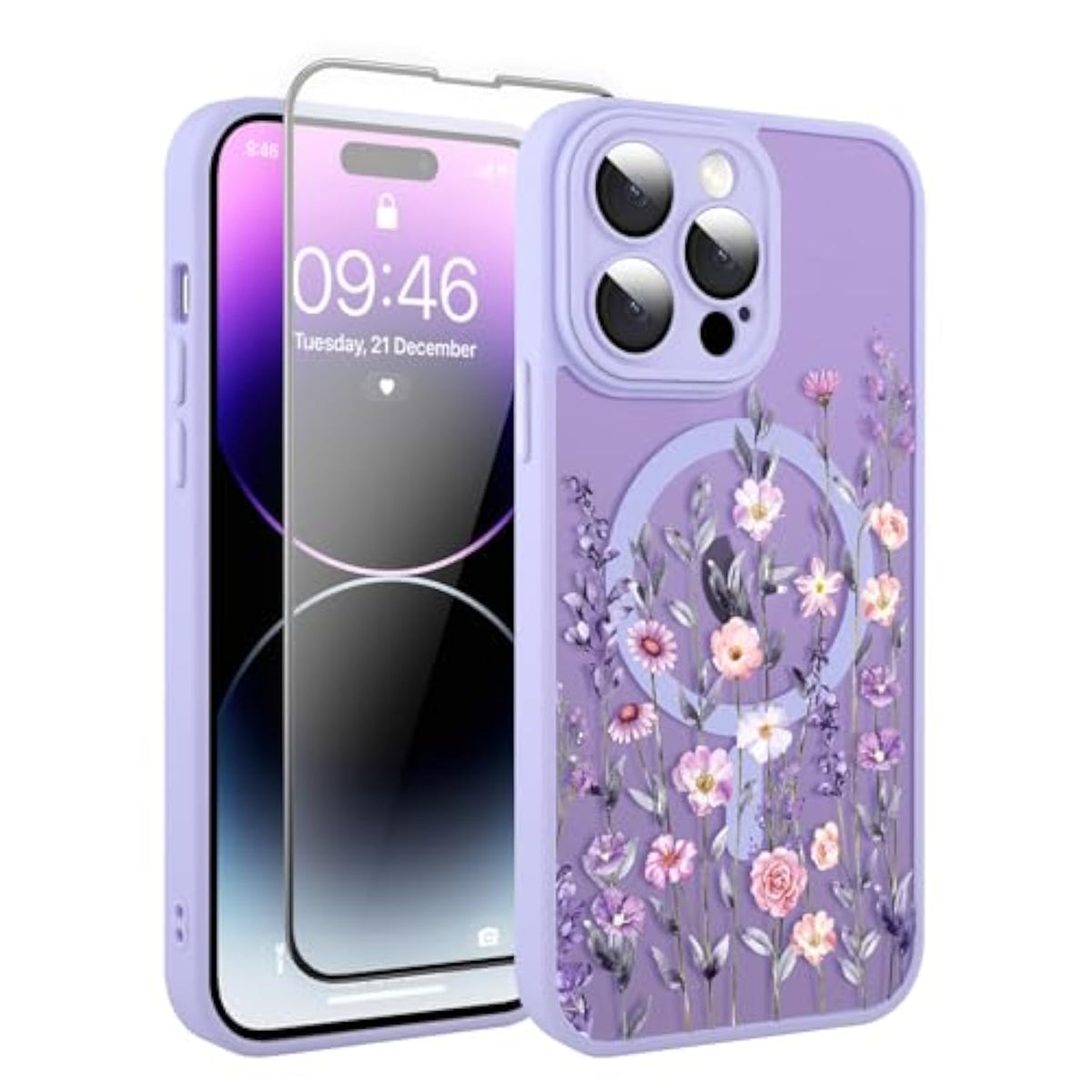Upgraded Magnetic For Iphone 14 Pro Max Case 6.7" With Screen Protector [Compatible With Magsafe] Pretty Flower Floral Pattern Design, Shockproof Cover For Women Girls, Purple