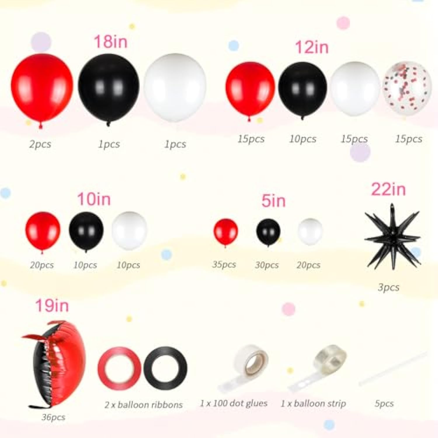Red And Black Foil Balloon Wall Backdrop Kit, 36Pcs Double-Sided Mylar Balloons & 188Pcs Black Red White Confetti Balloons Arch For Graduation Birthday Casino Race Car Party Decor