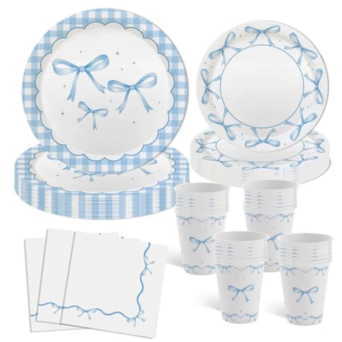 Blue Bow Party Decorations, Baby Blue Bow Plates And Napkins, Light Blue Coquette Birthday Decorations, Bowkont Disposable Dinnerware, Baby Shower Party Tableware Decor, Serves 24