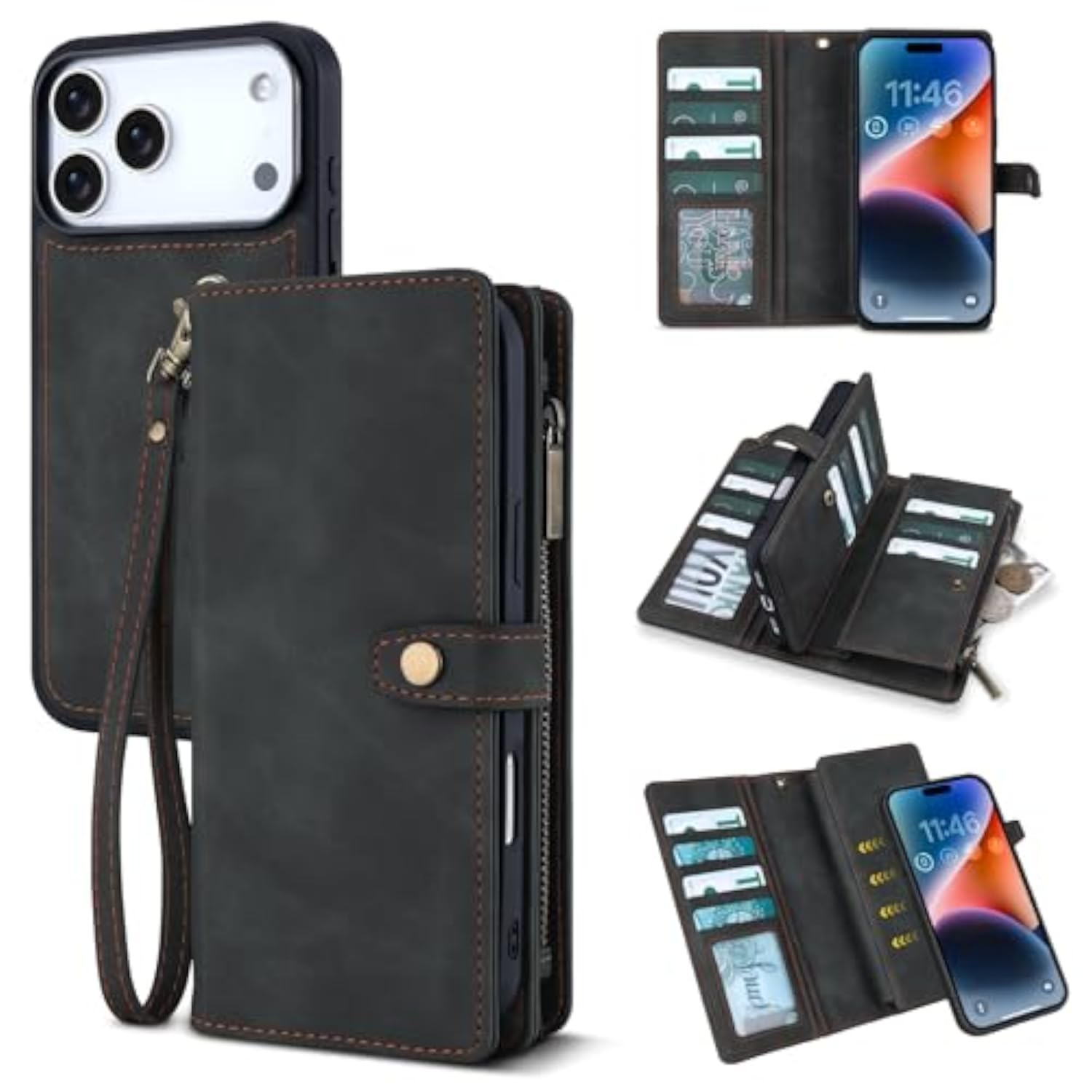 Leather Wallet Case for iPhone 17 Pro Max with 11 Card Holders, Black