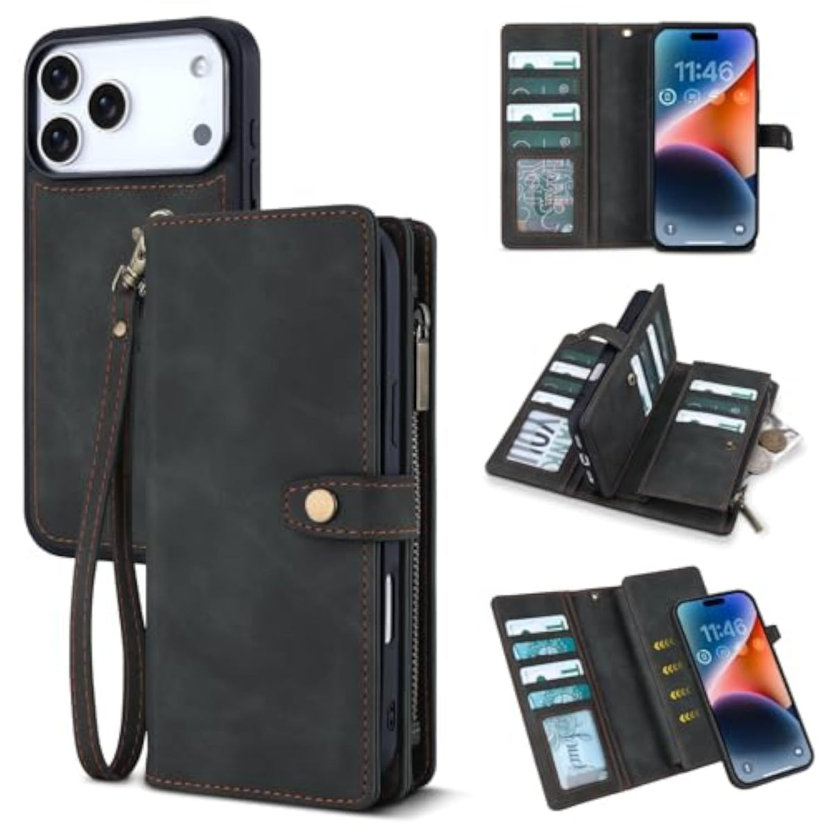 Leather Wallet Case for iPhone 17 Pro Max with 11 Card Holders, Black