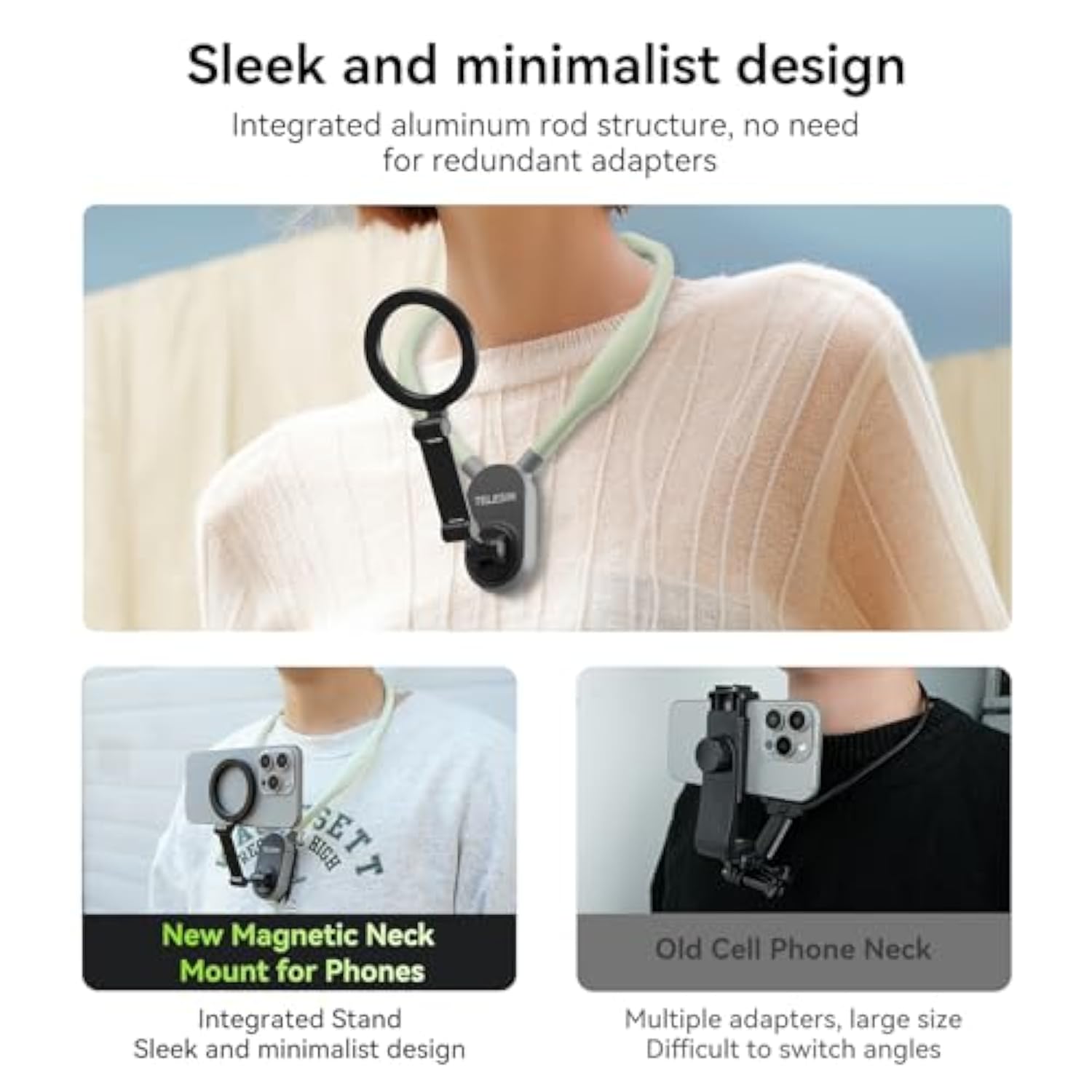 Magnetic Neck Mount For Phones, Cell Phone Holder Stand Hanging On Neck Pov/Vlog Selfie Hand Free Necklace Phone Strap Video Recording For Iphone 16 15 14 13 12 Seires Android Phones (Green)