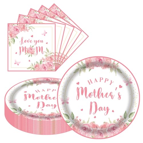 Mother's Day Decorations Pink Flower Plates and Napkins Set of 20, 9 Inch Party Paper Plates and Napkins Sets, Floral Paper Plates for Mother’s Day Party Supplies, Happy Mothers Day Paper Goods