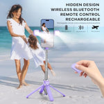 Mini Tripod Stand & Selfie Stick With Wireless Remote & Removable Light, Extendable Stand 360 Rotation Compatible With & Android Samsung (Purple)