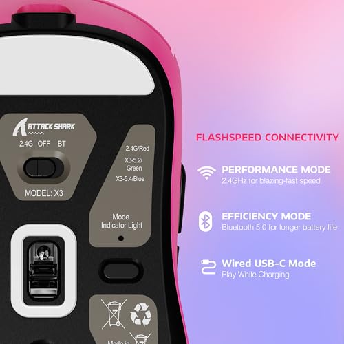 Attack Shark X3 Wireless Gaming Mouse, 49G Ergonomic Computer Mouse, Triple Modes Paw3395 26K Dpi Optical Sensor, 200H Battery Life, Programmable Buttons, Gaming Accessories For Pc/Laptop/Mac (Berry)