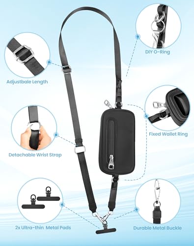 Clip and Go Strap for Phone with Wallet Crossbody, Adjustable Neck Lanyard, Detachable Wristlet Wallet with Zipper Phone Screen ID Window, 2x Tether