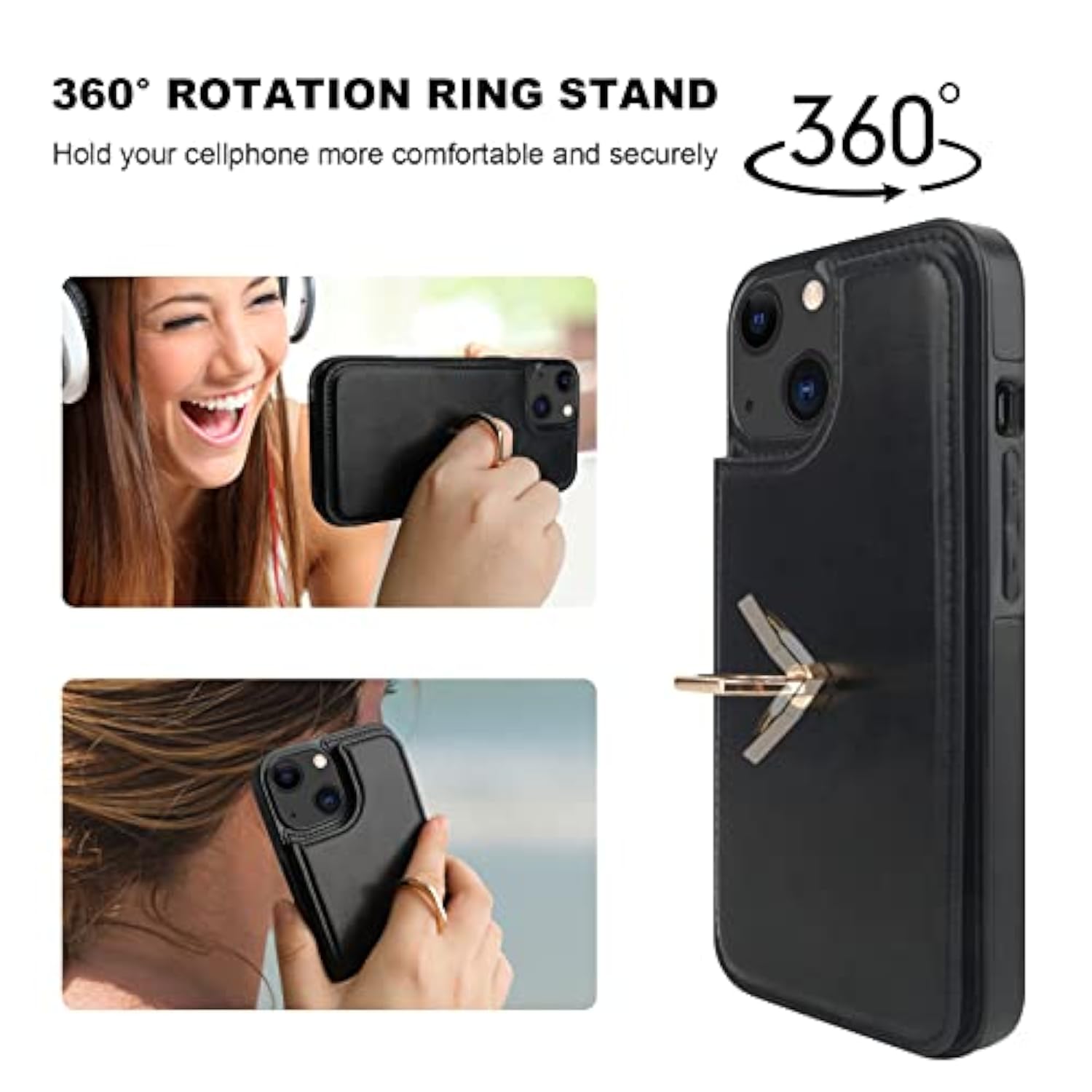Onetop For Iphone 13 Wallet Case With Card Holder, 360° Rotation Ring Kickstand Rfid Blocking Pu Leather Double Magnetic Clasp Shockproof Cover For Women And Girls 6.1 Inch (Black)