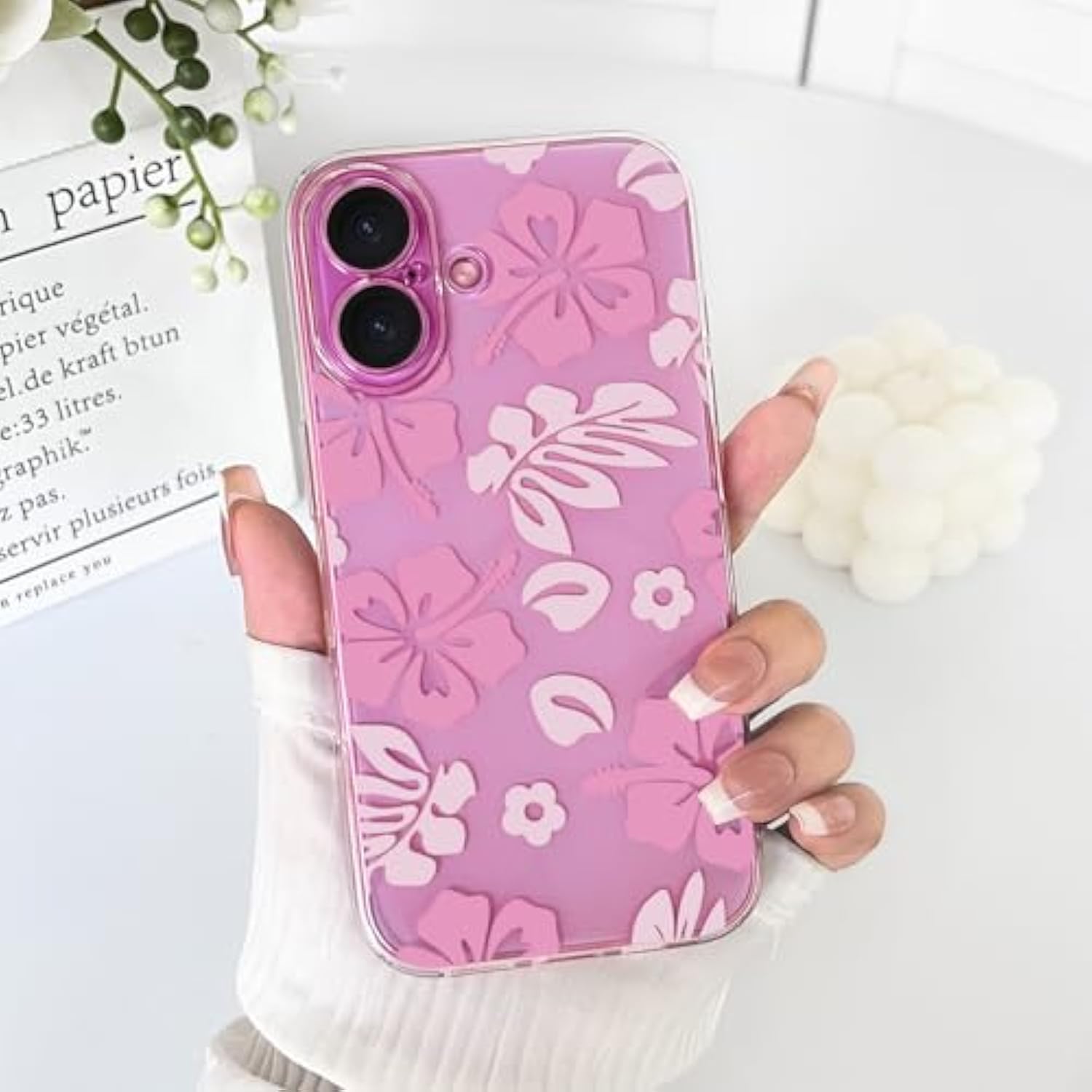 Compatible With Iphone 16 Case Cute Clear Aesthetic Floral Flower Hibiscus Pattern For Girls Women Soft Tpu Full Camera Lens Shockproof Protective Phone Cover - Pink