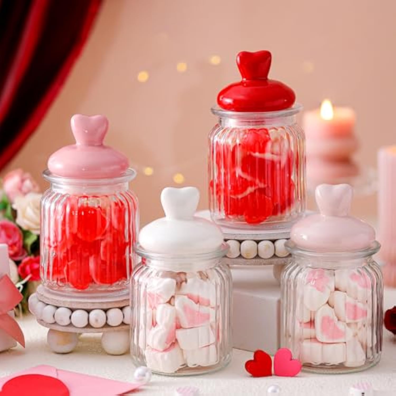 4 Pcs 16 Oz Valentine'S Day Glass Candy Jars Clear Valentines Containers With Ceramic Heart Lid Cute Decorative Storage Jars For Cookie Chocolate Nut(Pink,Red,Rose,White,Classic Heart)