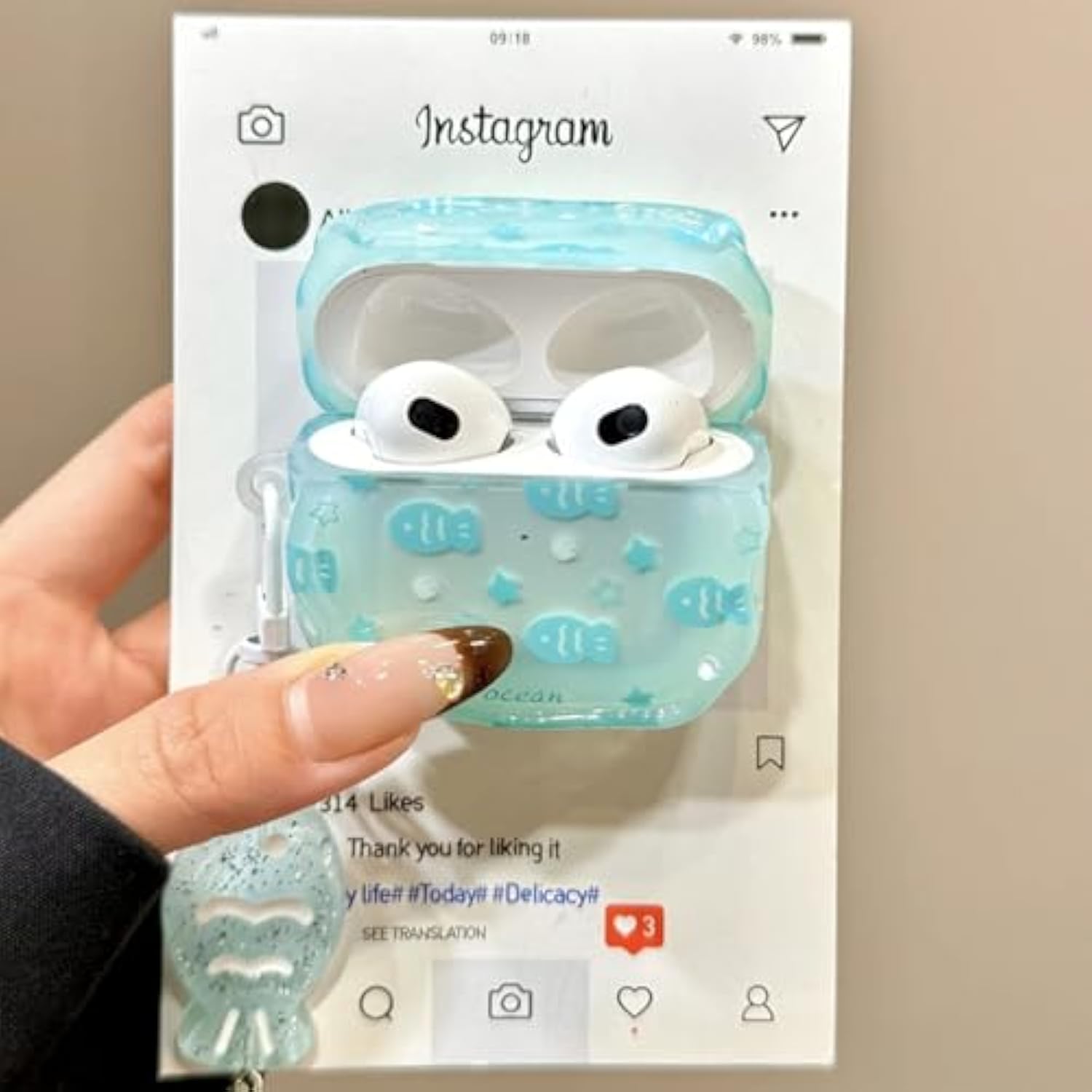 Compatible With Airpods 4 Case Soft Tpu With Cleaner Kit Creative Fish Star Keychain Shockproof Cover For Airpods 4Th Generation-Water Blue